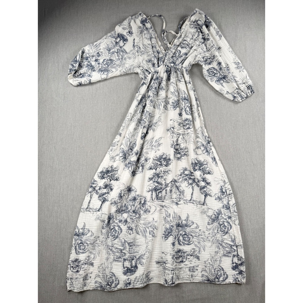 Milio Milano Blue White Toile de Jouy Cotton Gauze Maxi Dress Made in Italy M